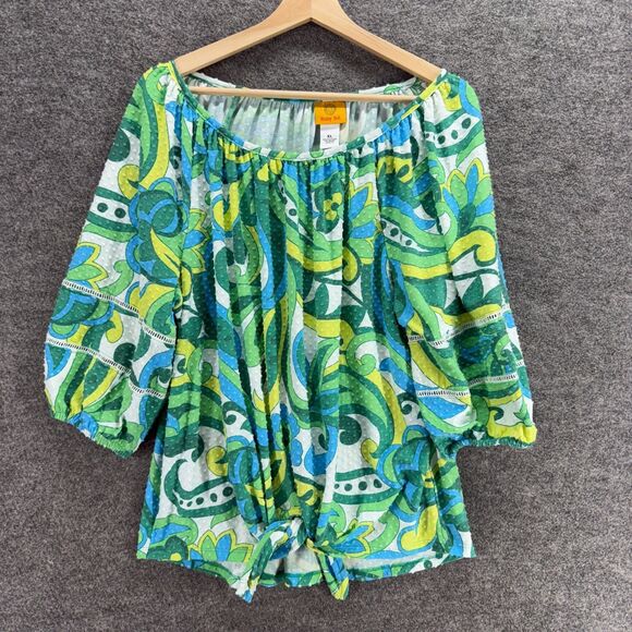 Ruby Rd. Blouse Women XL Green Paisley 3/4 Sleeve Round Neck Pullover Casual - Picture 1 of 6